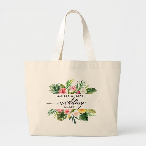 Watercolor Tropical Floral Wedding Calligraphy Large Tote Bag