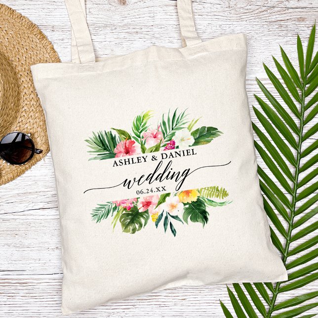 Watercolor Tropical Floral Wedding Calligraphy Tote Bag (Customize to change your personalized text size, color or style.)