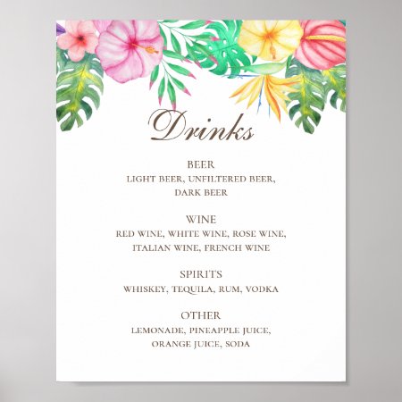 Watercolor Tropical Floral Wedding Drinks Bar Menu Poster