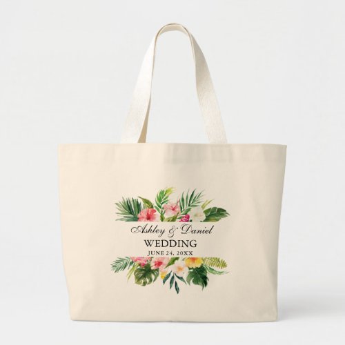 Watercolor Tropical Floral Wedding Large Tote Bag