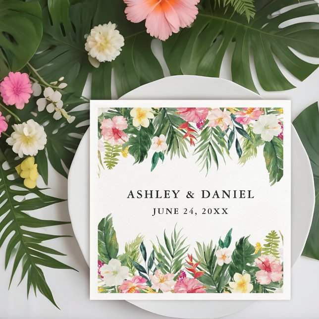 Watercolor Tropical Floral Wedding Napkins (Customize to change text size, style, color or to add more text.)