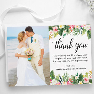 Watercolor Tropical Floral Wedding Photo Thank You Card