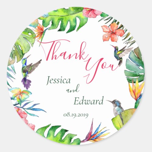 Watercolor Tropical Floral Wedding Thank You Classic Round Sticker