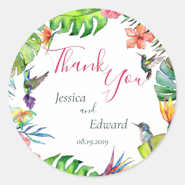 Watercolor Tropical Floral Wedding Thank You Classic Round Sticker (Front)