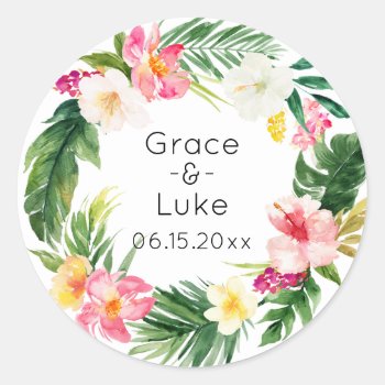 Watercolor Tropical Floral Wreath Classic Round St Classic Round Sticker by NoteworthyPrintables at Zazzle