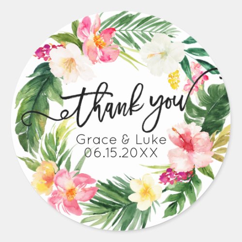 Watercolor Tropical Floral Wreath Classic Round Sticker