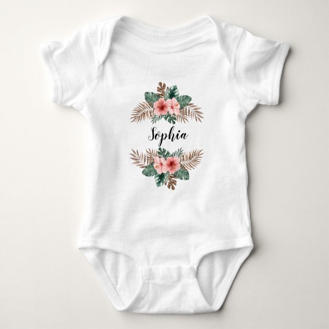Watercolor Tropical Floral Wreath Custom Text  Baby Bodysuit (Front)