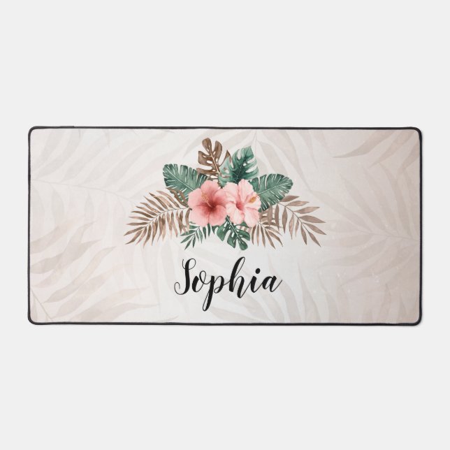Watercolor Tropical Floral Wreath Custom Text  Desk Mat (Front)