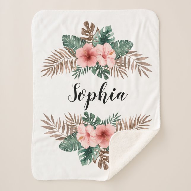 Watercolor Tropical Floral Wreath Custom Text  Sherpa Blanket (Front)