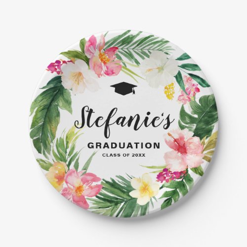 Watercolor Tropical Floral Wreath Graduation Luau Paper Plates