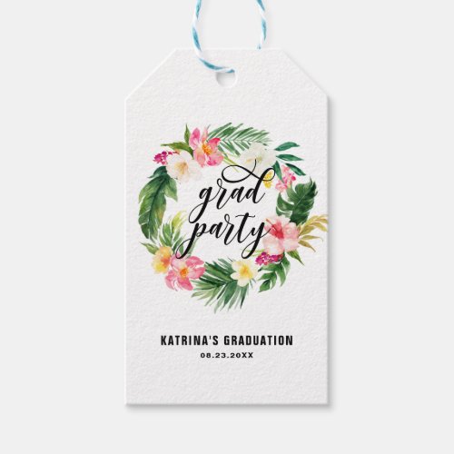 Watercolor Tropical Floral Wreath Graduation Party Gift Tags