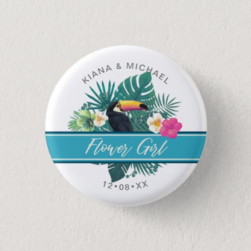 Watercolor Tropical Flower Girl Teal ID577 Button