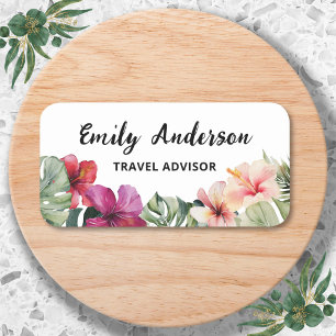 Watercolor Tropical Flower Leaves Floral Botanical Name Tag