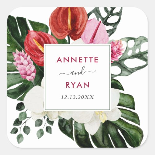 Watercolor Tropical Flower Monstera Wedding  Square Sticker