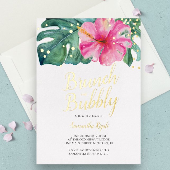 Watercolor Tropical Flower Shower Foil Invitation (Bridal shower invitations feature a tropical floral and palm leaf design)