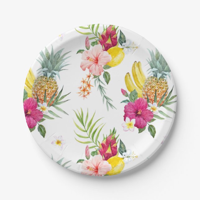 Watercolor Tropical Flowers and Fruits Pattern Paper Plates (Front)