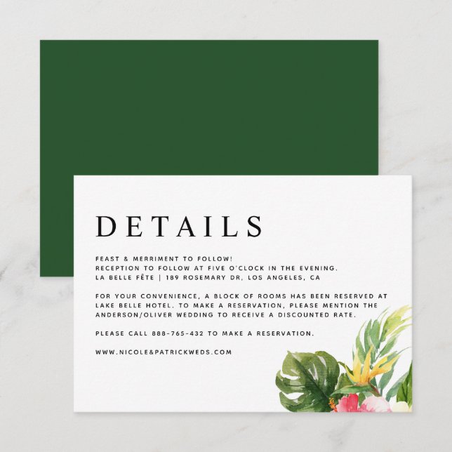 Watercolor Tropical Flowers and Greenery Details Enclosure Card (Front/Back)