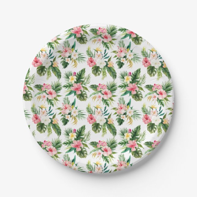 Watercolor Tropical Flowers and Greenery Pattern Paper Plates (Front)