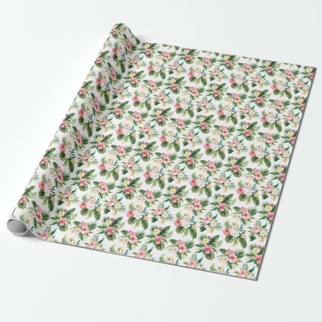 Watercolor Tropical Flowers and Greenery Pattern Wrapping Paper (Unrolled)