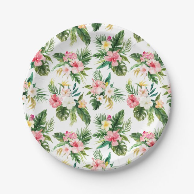 Watercolor Tropical Flowers and Greenery Summer  Paper Plates (Front)