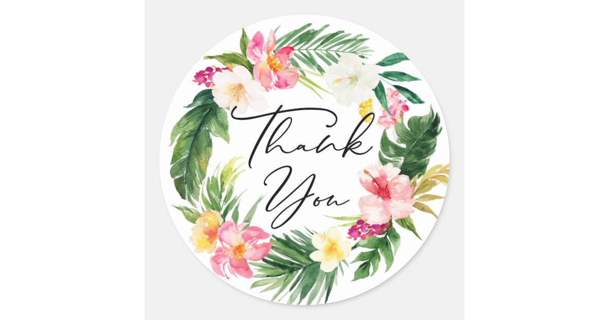Watercolor Tropical Flowers and Greenery Thank You Classic Round Sticker