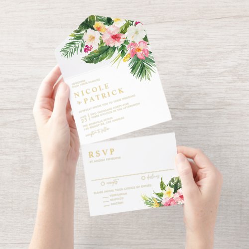 Watercolor Tropical Flowers and Greenery Wedding All In One Invitation