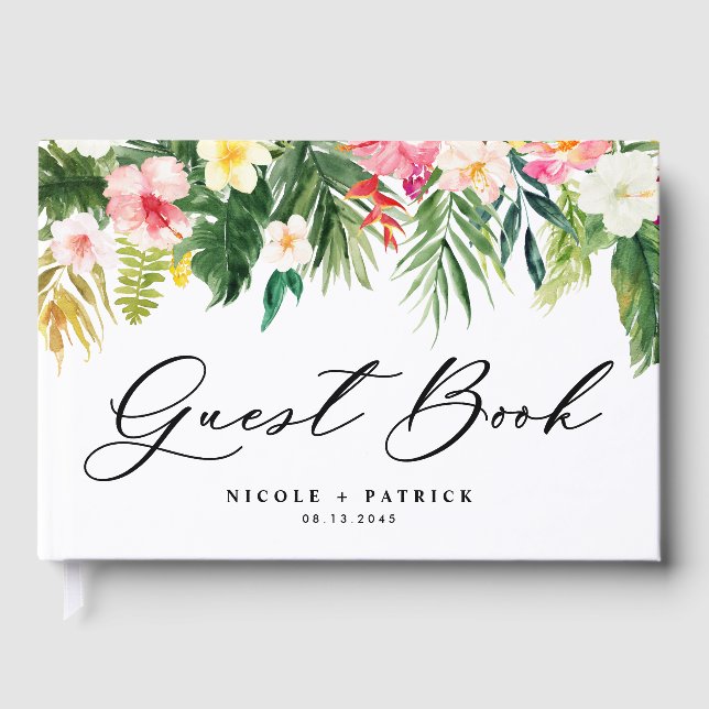 Watercolor Tropical Flowers and Greenery Wedding Guest Book (Front)