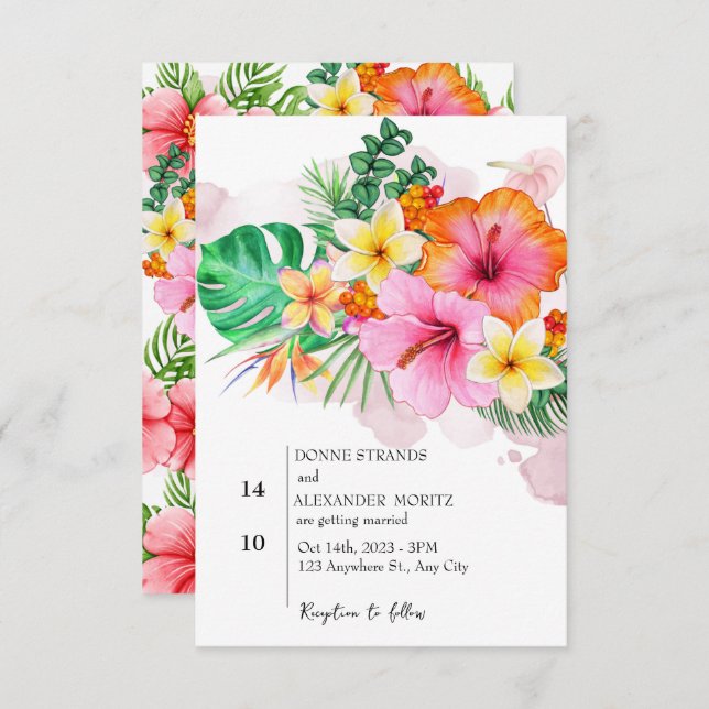 Watercolor Tropical Flowers and Greenery Wedding Invitation (Front/Back)