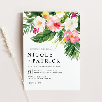 Watercolor Tropical Flowers And Greenery Wedding Invitation by misstallulah at Zazzle
