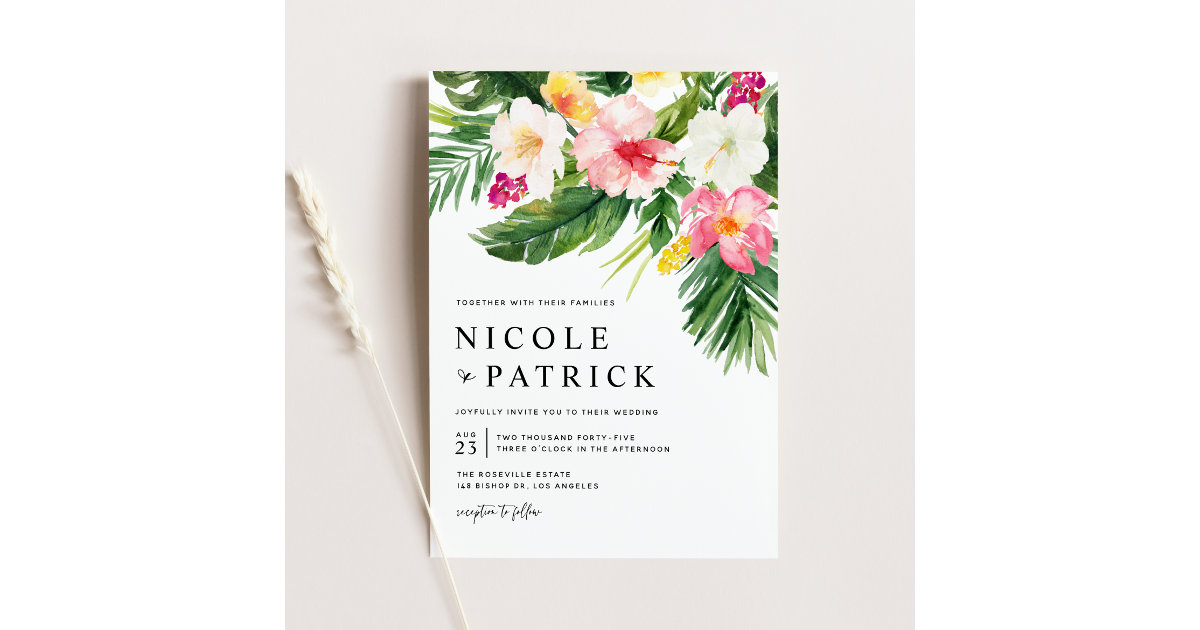 Watercolor Tropical Flowers and Greenery Wedding Invitation | Zazzle