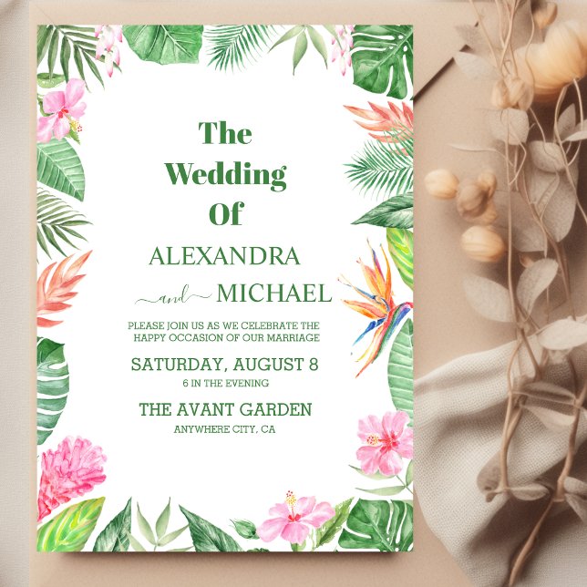 Watercolor Tropical Flowers and Greenery Wedding Invitation (Creator Uploaded)