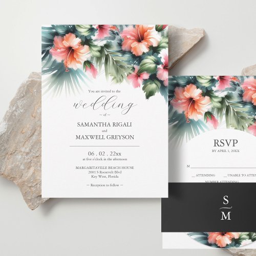Watercolor Tropical Flowers and Greenery Wedding Invitation