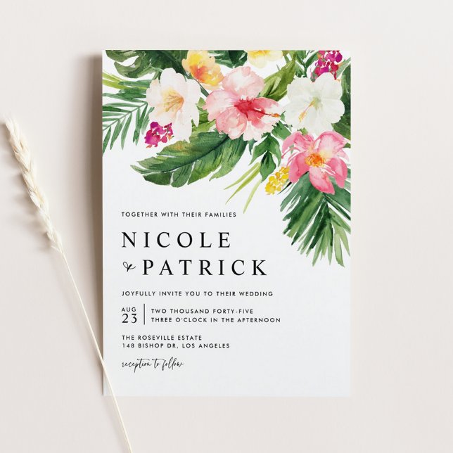 Watercolor Tropical Flowers and Greenery Wedding Invitation Postcard (Watercolor Tropical Flowers and Greenery Wedding Invitation Postcard)