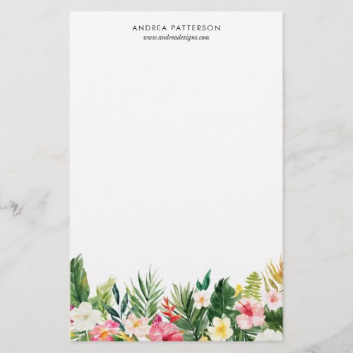 Watercolor Tropical Flowers and Leaves Stationery