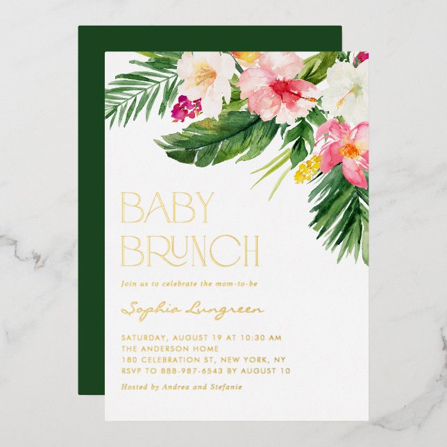 Watercolor Tropical Flowers Baby Shower Brunch Foil Invitation (Front/Back)