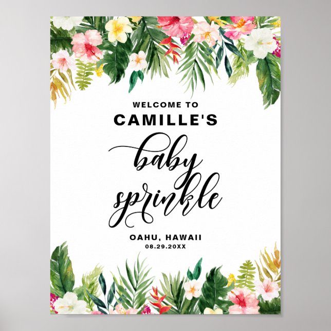 Watercolor Tropical Flowers Baby Sprinkle Welcome Poster (Front)
