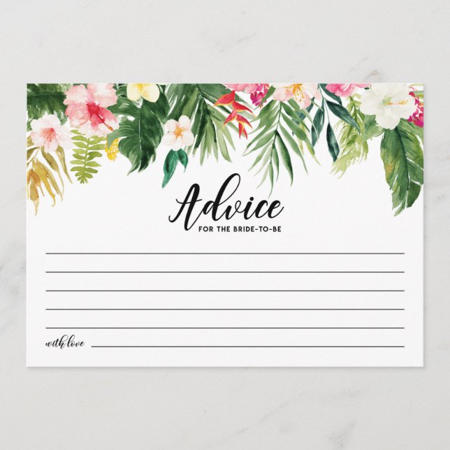 Watercolor Tropical Flowers Bridal Shower Bride Advice Card (Front)