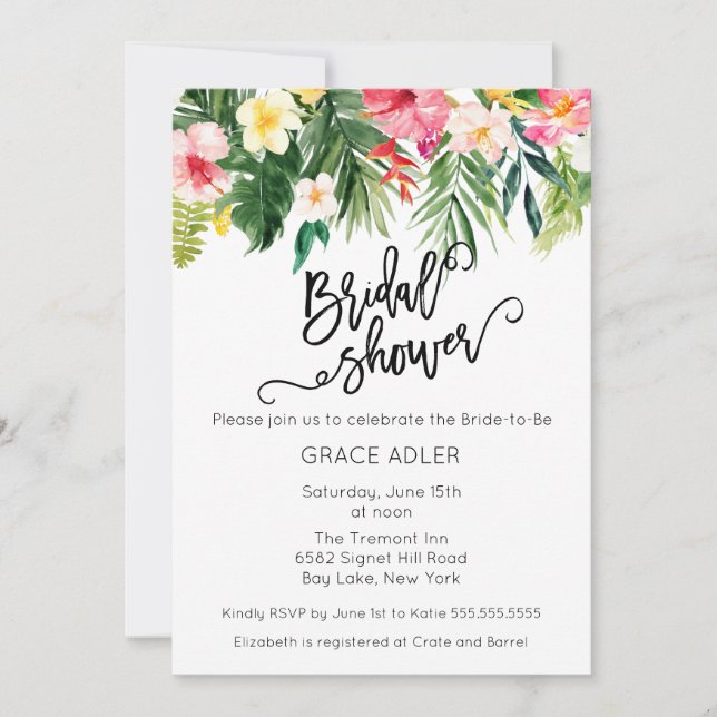 Watercolor Tropical Flowers Bridal Shower Invitation (Front)