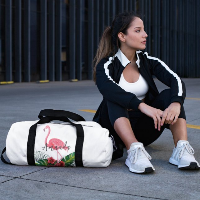 Watercolor Tropical Flowers Flamingo Personalized Duffle Bag (Creator Uploaded)