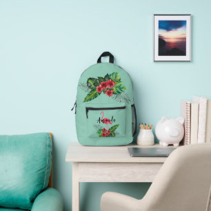 Watercolor Tropical Flowers Flamingo Personalized Printed Backpack