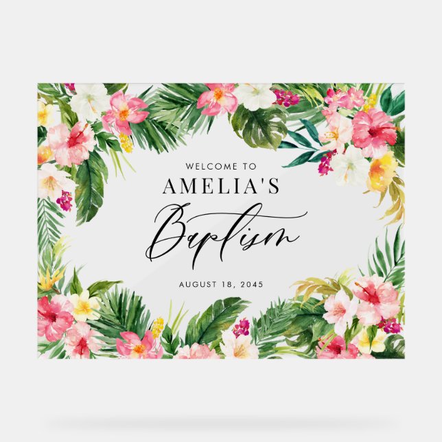 Watercolor Tropical Flowers Frame Baptism Acrylic Sign (Front)