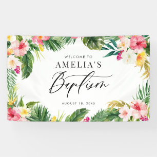 Watercolor Tropical Flowers Frame Baptism Banner