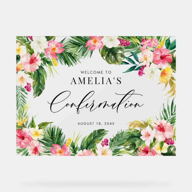 Watercolor Tropical Flowers Frame Confirmation Acrylic Sign (Front)
