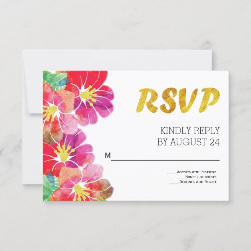 Watercolor tropical flowers gold leaf RSVP