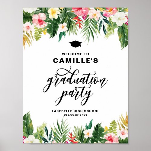 Watercolor Tropical Flowers Graduation Welcome Poster