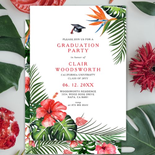 Watercolor Tropical Flowers Greenery Graduation Invitation