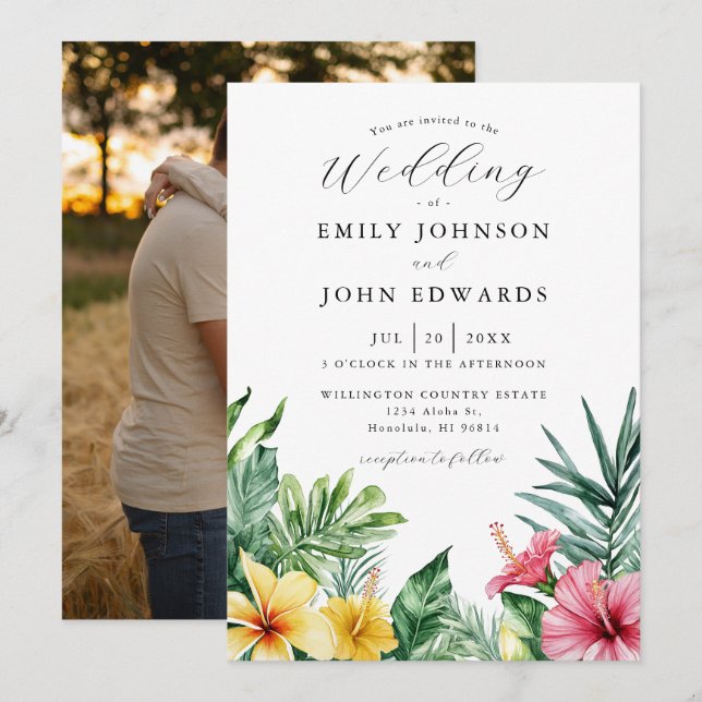 Watercolor Tropical Flowers Greenery Photo Wedding Invitation (Front/Back)