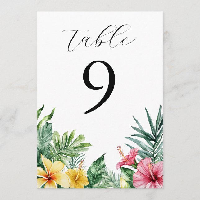 Watercolor Tropical Flowers Greenery Table Number (Front)