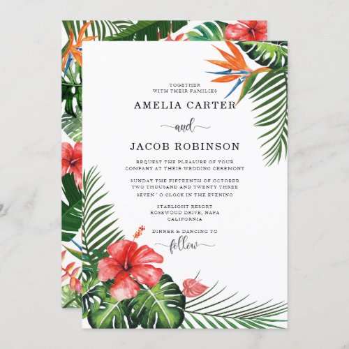 Watercolor Tropical Flowers Greenery Wedding Invitation