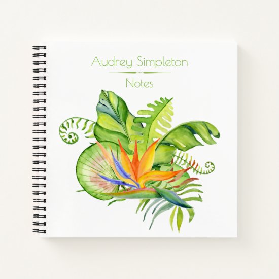 Watercolor Tropical Flowers Leaves Square | Notebook